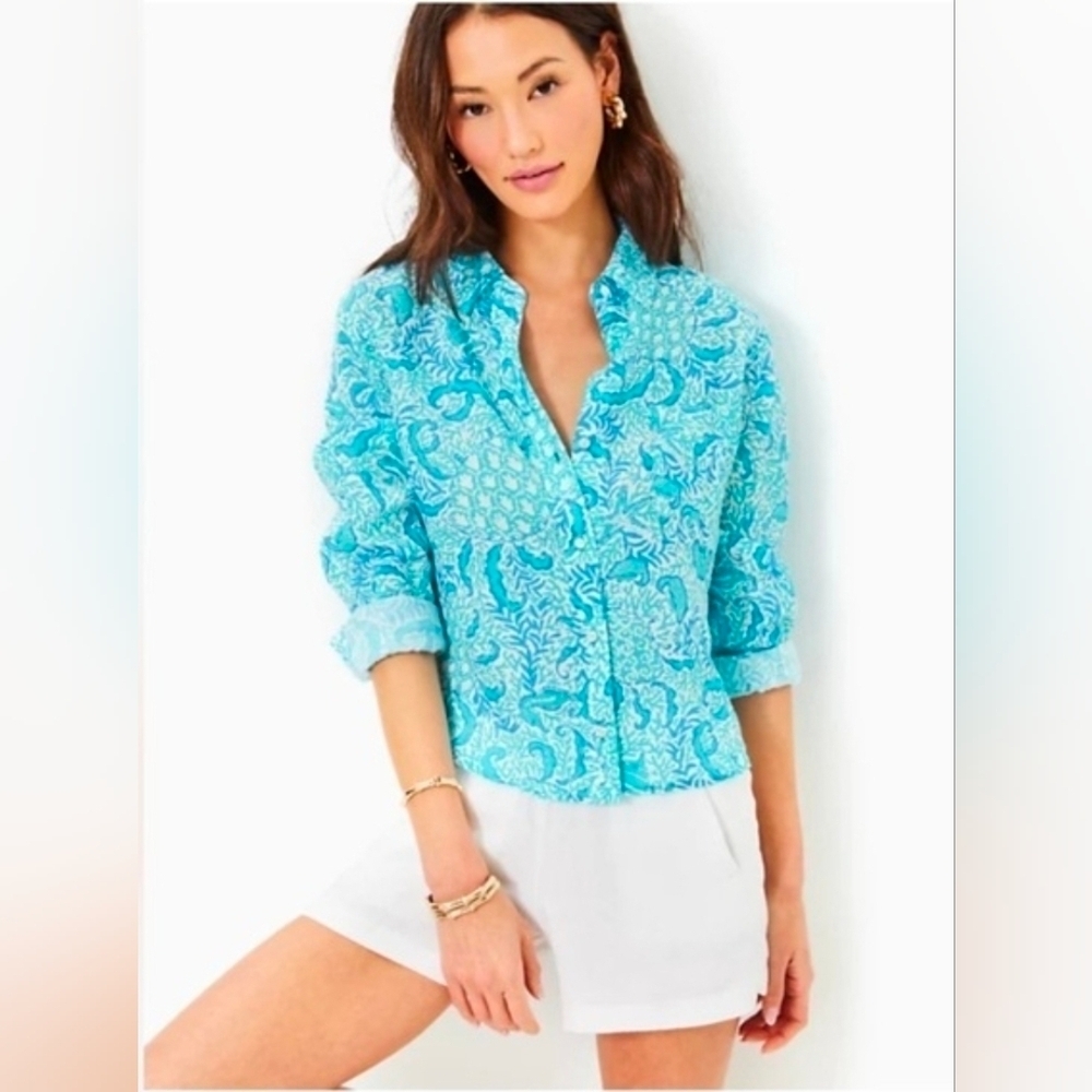 Lilly Pulitzer Coralynn Button Down Shirt In Seacoast Linen, Size Small